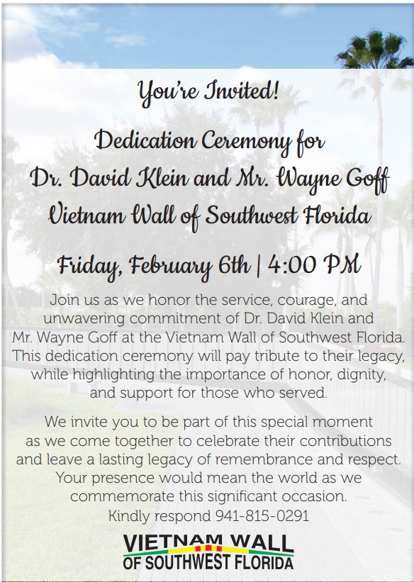 Dedication Ceramony for Dr. David Klein & Mr Wayne Goff at the Vietnam Wall of Southwest Floroida