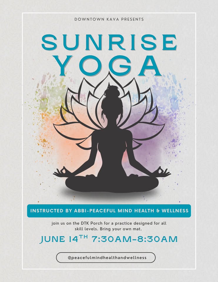 sunrise yoga on the downtown kava porch with abbi of peaceful mind health & wellness